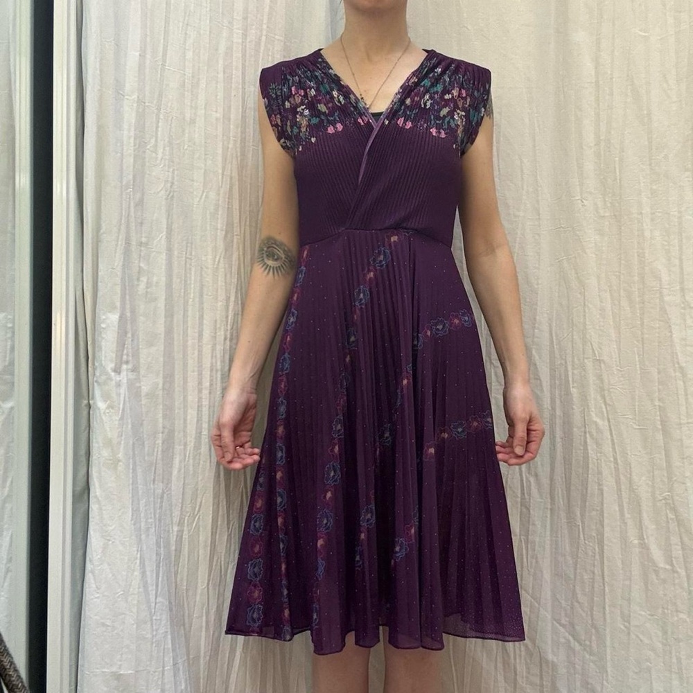 Purple Floral Midi Dress with Micro Pleated Skirt Vintage‎ 70s - Picture 3 of 8